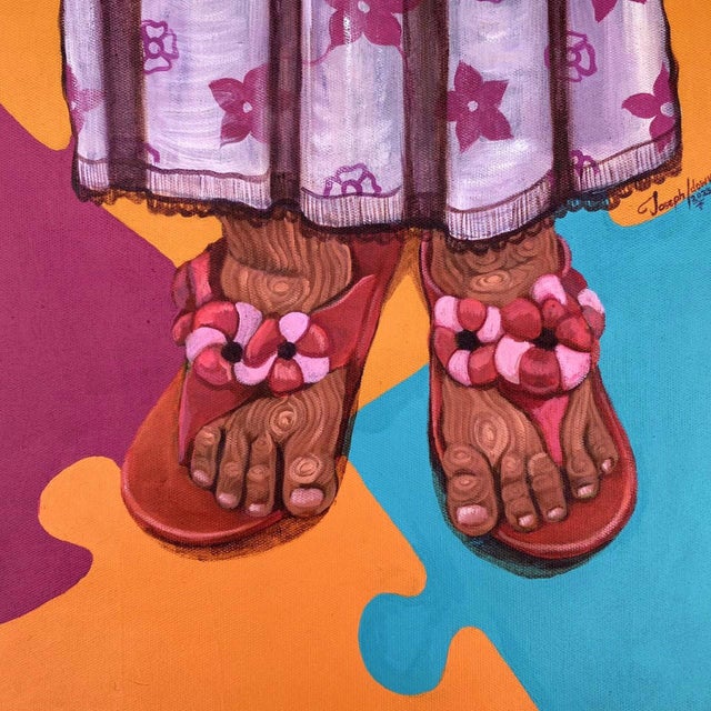 Legend 1 by Joseph Idowu | Acrylics on canvas Feet in sandals on a colorful background For Sale
