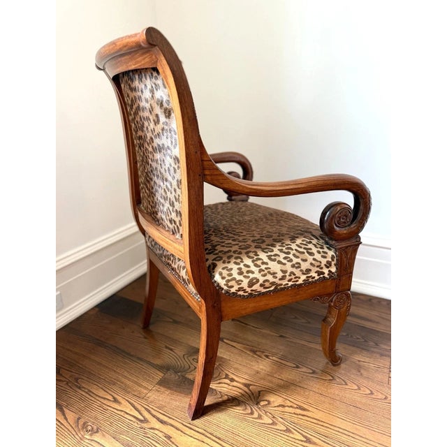 Brown Mid 20th Century Empire Style Leopard Print Animal Hide Carved Wood Arm Chair For Sale - Image 8 of 13