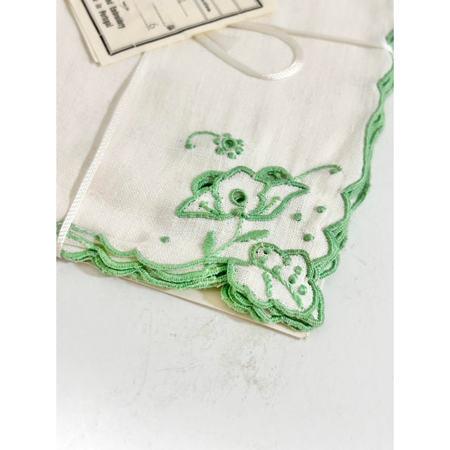 French Vintage Portuguese Linen Cocktail Napkins With Green Embroidery, Set of 6, New Old Stock For Sale - Image 3 of 7