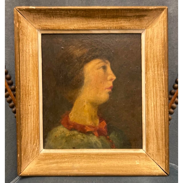 French Provincial Portrait of a Young Man in Profile, Oil Painting on Wood, 1919, Signed Ruteau France For Sale - Image 3 of 6