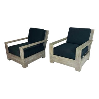 Restoration Hardware Teak Patio Armchairs With Black Cushions, Labeled - Set of 2 For Sale