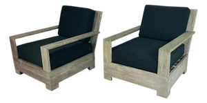 Restoration Hardware Teak Patio Armchairs With Black Cushions, Labeled - Set of 2
