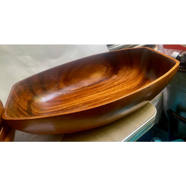 Mid-Century Modern Mid 20th Century Monkeypod Wood Large Salad Set 6 Individual Bowls Lg Serving Bowl For Sale - Image 3 of 10