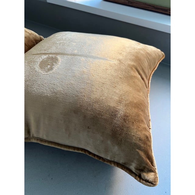 Gold Mid-Century Vintage Velvet Gold Cat Eye Pattern Down Feather Pillows- Set of 2 For Sale - Image 8 of 10