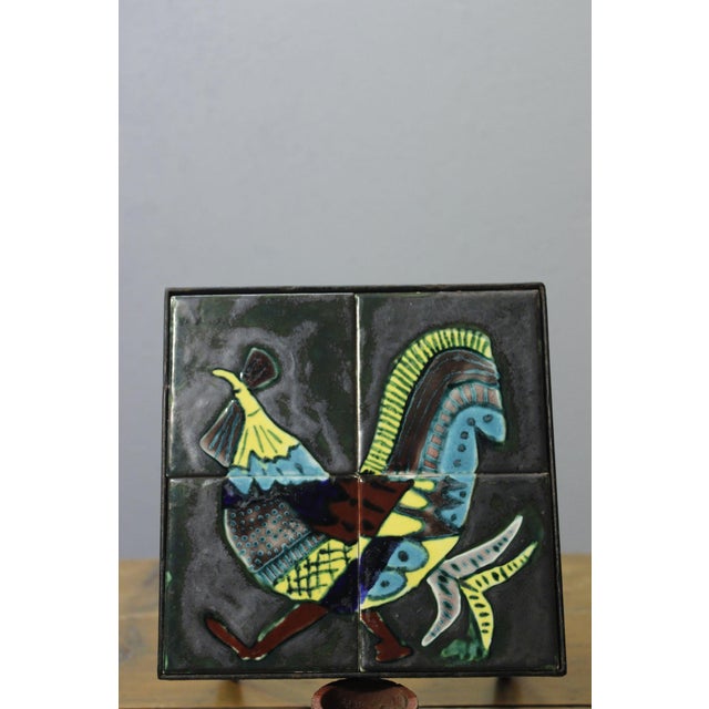 Wrought Iron & Ceramic Plant Holder with Rooster attributed to Gabriel Fourmaintraux, 1950s For Sale - Image 4 of 8