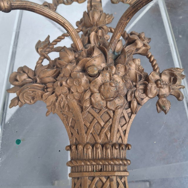 19thc XL French Louis XVI Bronze 2 Light Floral Basket Wall Sconce For Sale - Image 4 of 18