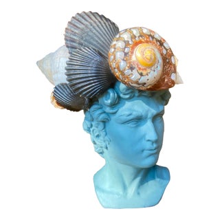 Shell Encrusted Bust Painted in Farrow & Ball Inchyra, “The May River Matador” by May River Neptune For Sale