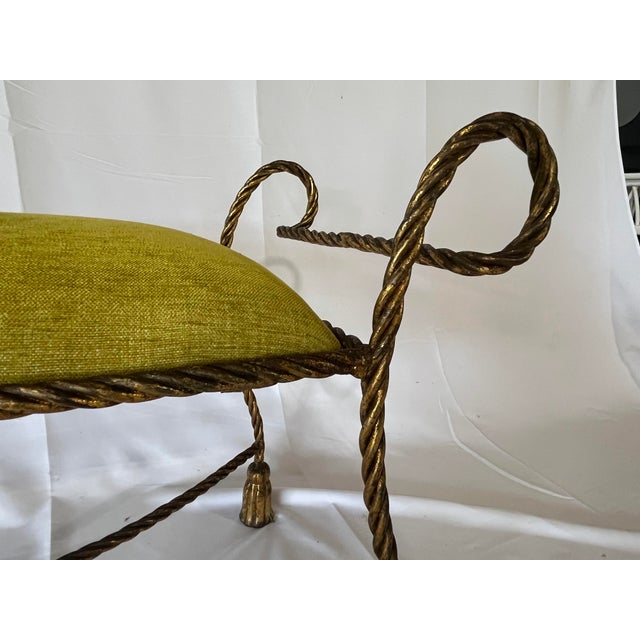 Lime Italian Mid-Century Hollywood Regency Gilt Iron Rope & Tassel Bench, Circa 1950s–60s For Sale - Image 8 of 12