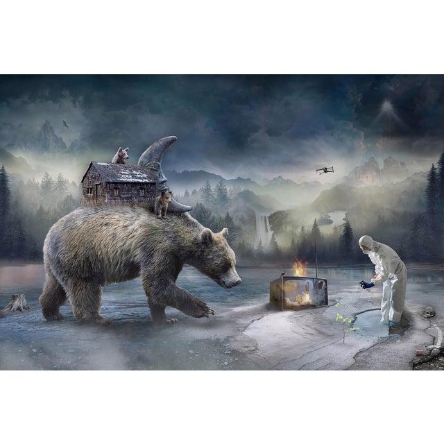 There is No Planet B by Marcin Owczarek | Photography of a surreal landscape with a bear and house. For Sale