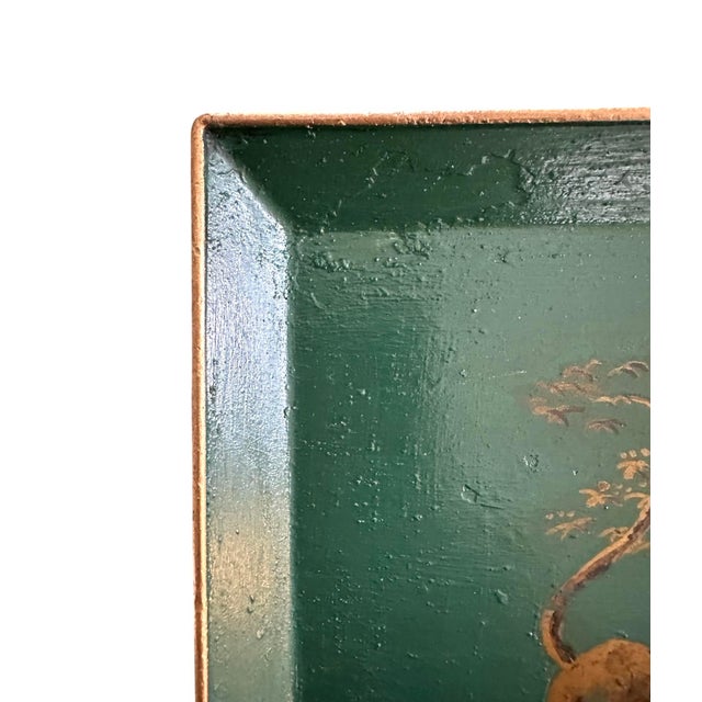 Vintage Chinoiserie Gilt & Teal Green Tole Peinte Square Vide Poche / Valet / Tray With Hand Painted Pagoda Detailing, Circa 1960 For Sale - Image 4 of 5