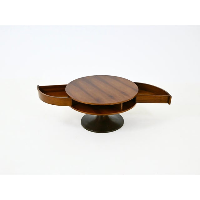Italian coffee table in wood and metal with 2 drawers. Wear consistent with age and time.