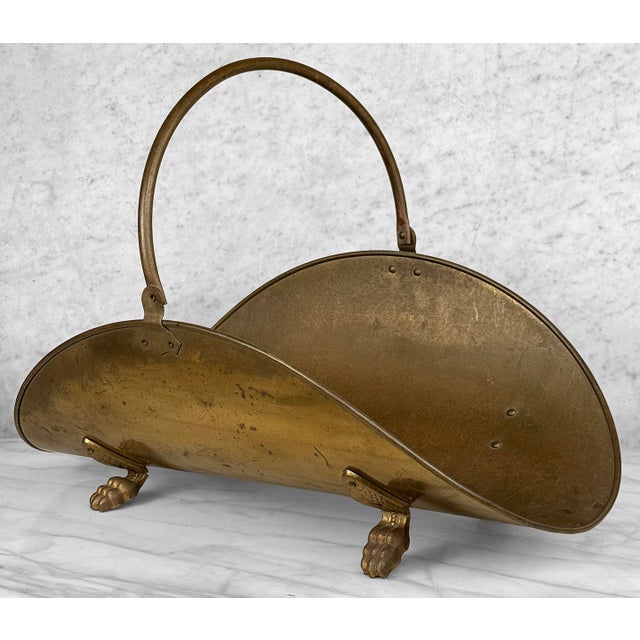 1940s Vintage English Regency Brass Lions Paw Fireplace Firewood Log Holder For Sale - Image 5 of 10