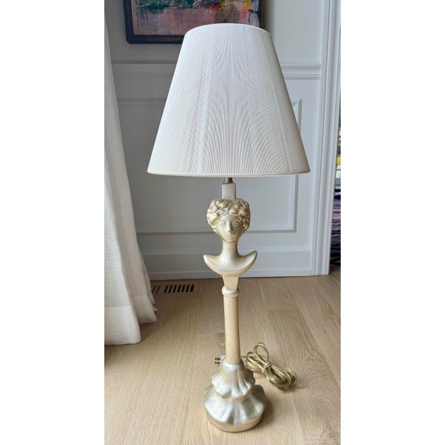 Mid 20th Century Mid 20th Century Rare Sirmos “Tête De Femme” Figural Table Lamp in the Style of Diego Giacometti With Original Silk String Shade For Sale - Image 5 of 12
