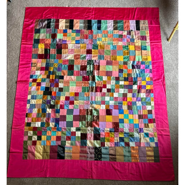 Vintage Handmade Satin Patchwork Queen Size Bed Cover For Sale - Image 4 of 7