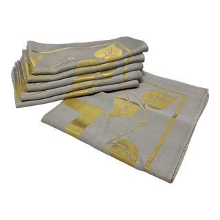 1040s Art Nouveau Ivy Leaf Design in Gold Thread Linen Napkins - Set of 6 For Sale