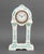 German Art Deco Blue and White Ceramic Mantle Clock, dome column design with brass and white painted clock face, marked...