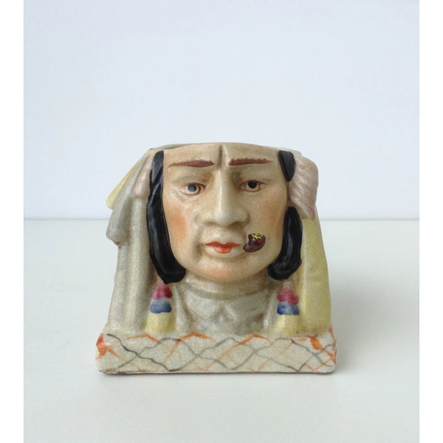 Vintage: C.1950s-60s; ceramic crackle finished Indian chief pencil, pen holder, with a pipe coming out of mouth. Perfect...