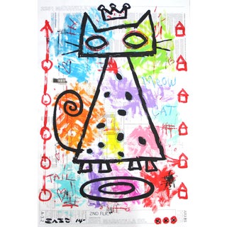 "Meow Cat" Original Colorful Feline Crown Artwork by Gary John For Sale