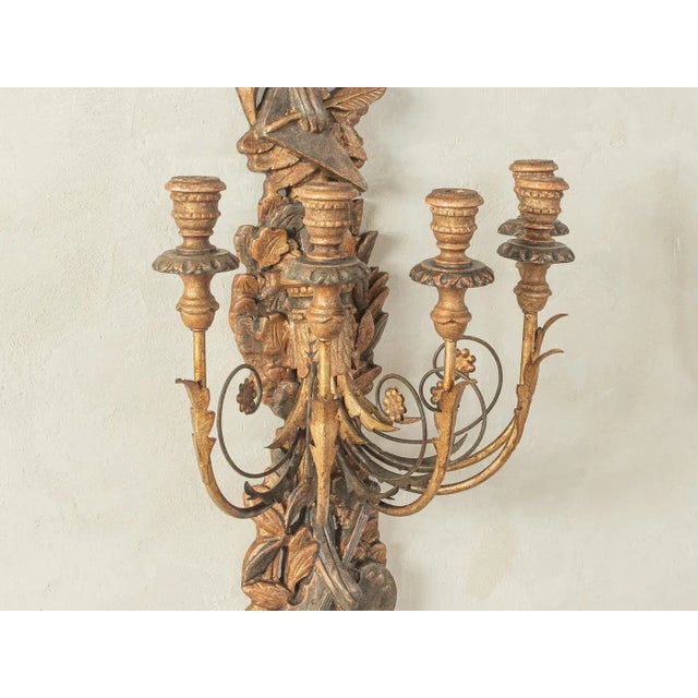 Magnificent baroque wall candle holders from the 1960s. High-quality wooden frame with space for five candles per holder....