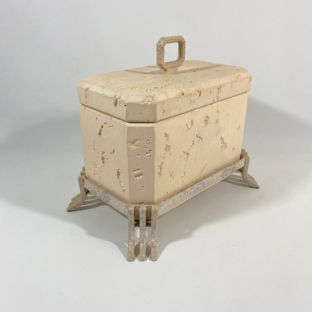 Postmodern Faux Travertine Ceramic Box With Metal Stand and Handle For Sale In New York - Image 6 of 13