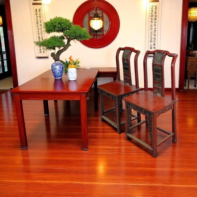 This pair antique Chinese chair was hand made and carved. It features 2 blue stones with Chinese character "Good Fortune"...