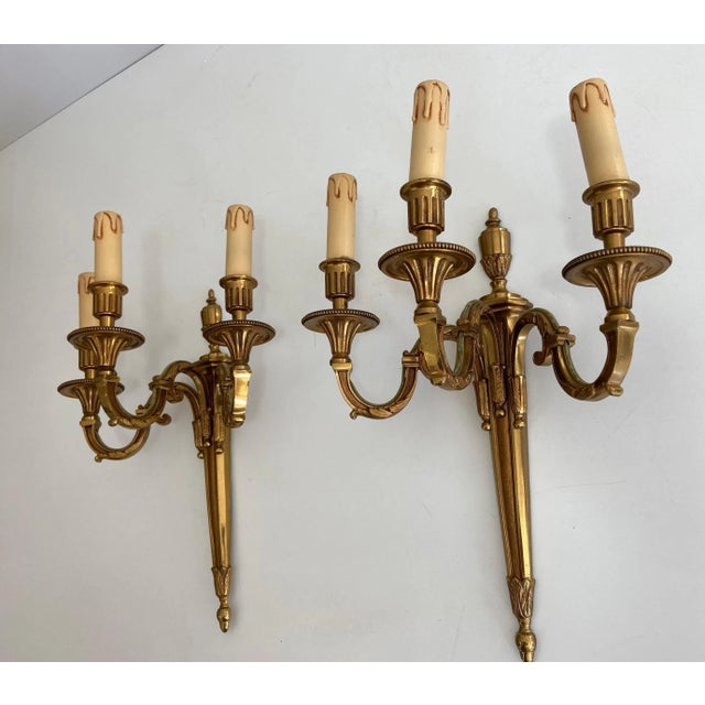 French Louis the 16th Style 3 Arms Bronze Wall Lights by Lucien Gau - A Pair For Sale - Image 3 of 13