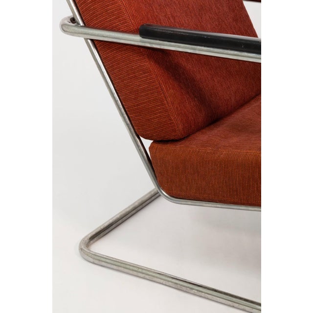 Metal Bauhaus / Thonet Style Pair of Armchairs C. 1930s Tubular Steel With Red-Brown Upholstery For Sale - Image 7 of 8