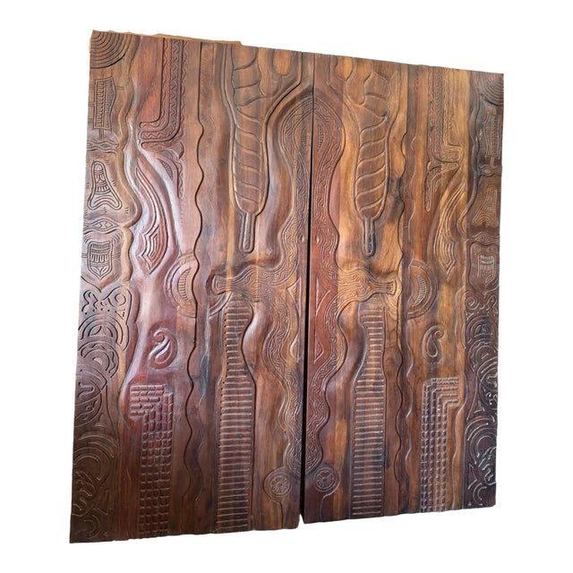 Vintage Tribal Hand-Carved Barn Door | Brown Wooden Sliding Door Panel | Rustic Boho 80 For Sale