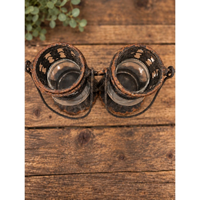 Metal 1920s Gothic Revival Pierced Metal and Glass Hanging Candle Lanterns, Pair For Sale - Image 7 of 10