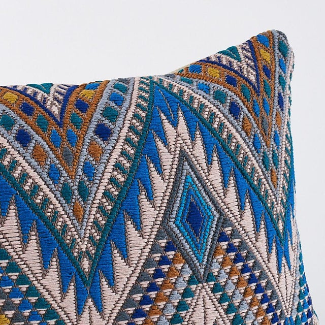 Boho Chic Schumacher Coyolate Lumbar Pillow in Ocean For Sale - Image 3 of 7