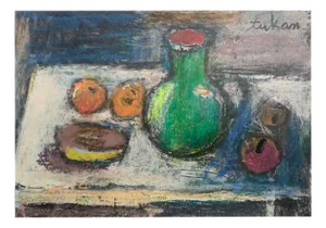 Eugeniusz Tukan-Wolski, Still Life with a Green Pitcher, Mixed Media on Paper