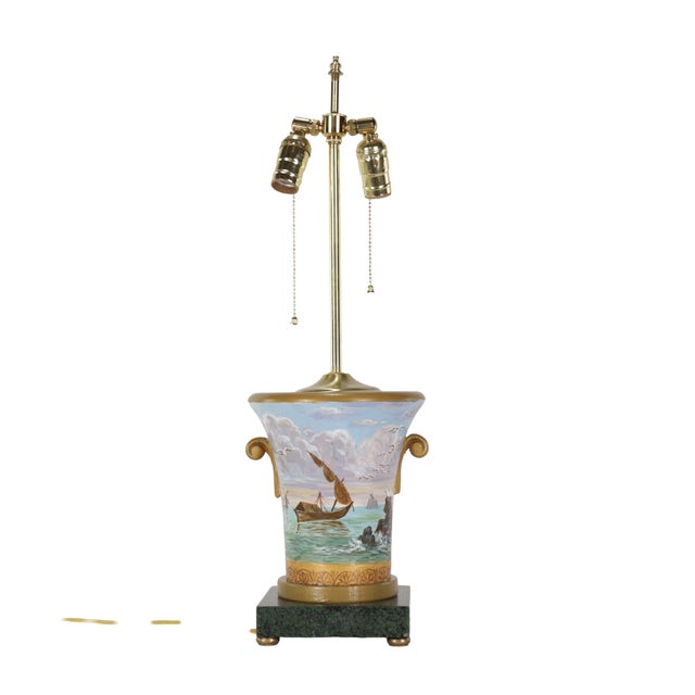 Vintage Hand-Painted Nautical-Themed Wooden Urn-Shaped Table Lamps - Pair For Sale - Image 4 of 12