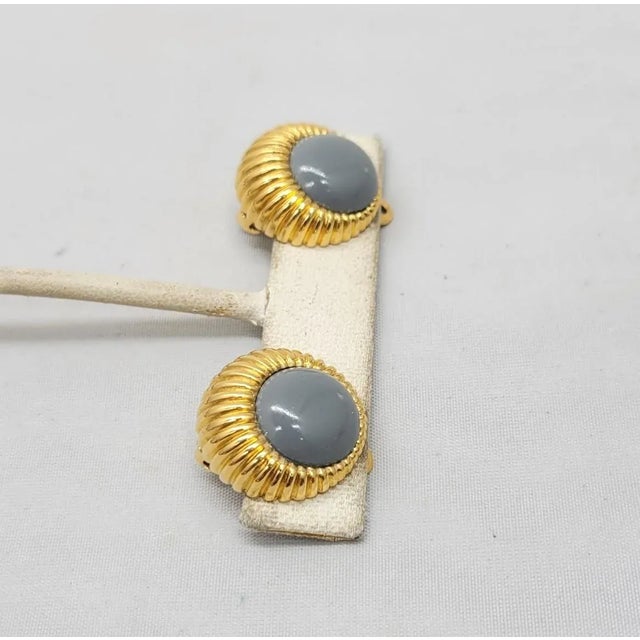 Modern Vintage 1980s Signed Nina Ricci Paris Round Goldtone Grey Rhinestone Clip Earrings - 2 Pieces For Sale - Image 3 of 8