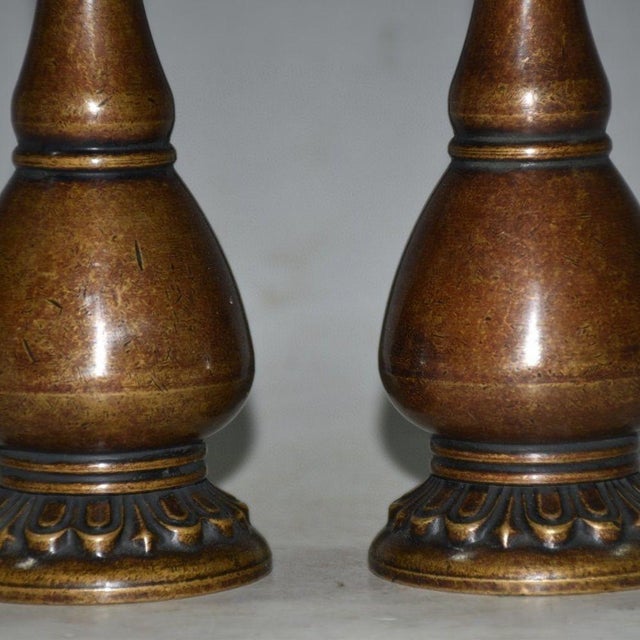 Copper Pair of Vintage Chinese Solid Copper "Bulbous" Candlesticks With Lotus Bases - 879g For Sale - Image 8 of 9