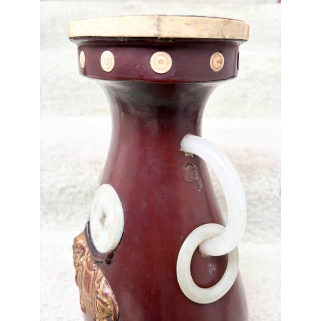 Gemstone Antique Chinese Wine Red Lacquer Wood Vase With Bone and Jade Accents. For Sale - Image 7 of 12