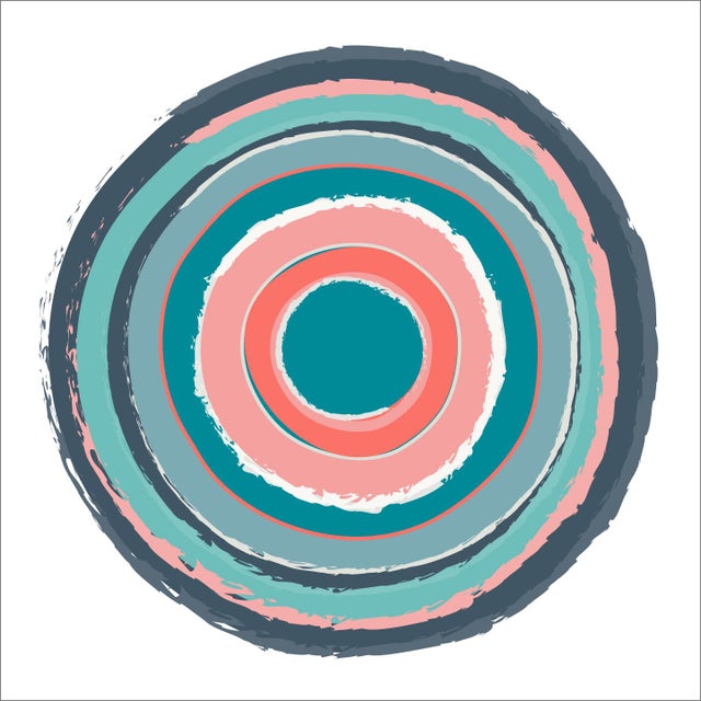 "Circles in Coral and Teal" Contemporary Fine Art Print by Melinda Cox 20" X 20" For Sale