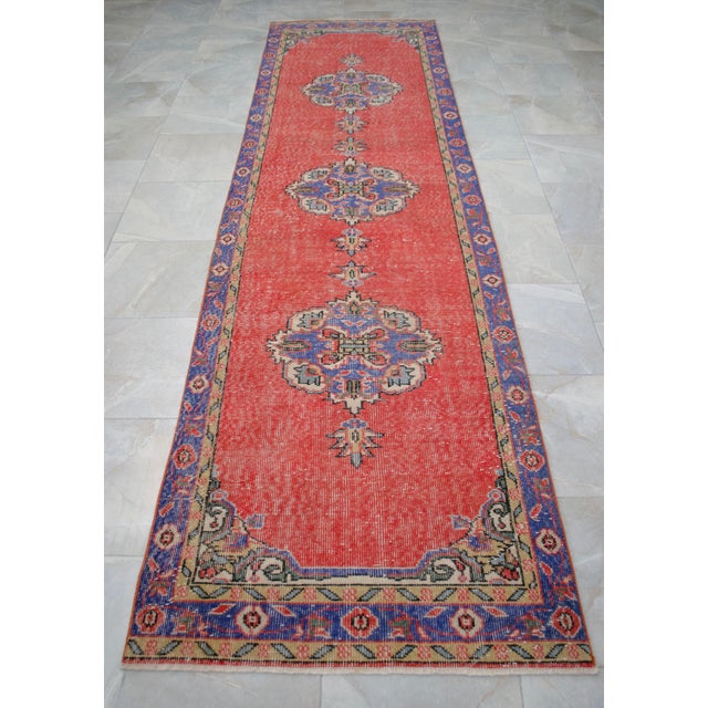 Red Traditional Ottoman Design Distressed Oushak Runner Rug Faded Colors Low Pile - 3'3″ X 12' For Sale - Image 8 of 15