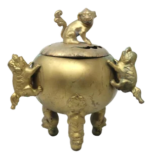 Vintage Large and Heavy Brass Foo Dog Koro or Incense Pot