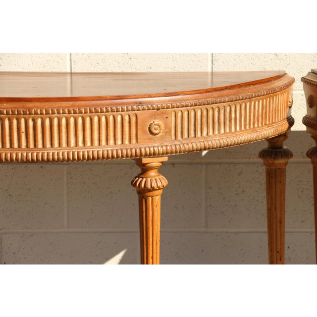 Wood Antique 1920s Neoclassical Carved Fruitwood Demi-Lune Console Tables - Pair For Sale - Image 7 of 18