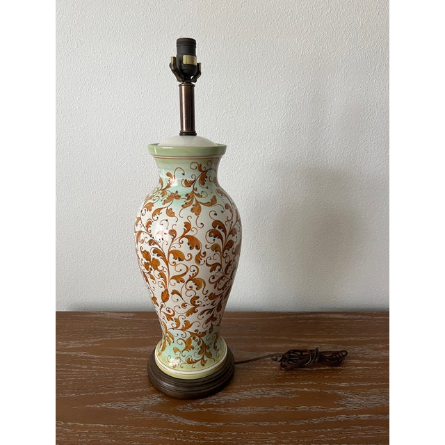 Vintage Hand-Painted Italian Style Ceramic Table Lamp With Ochre Scrollwork & Celadon Green Accents For Sale - Image 10 of 11
