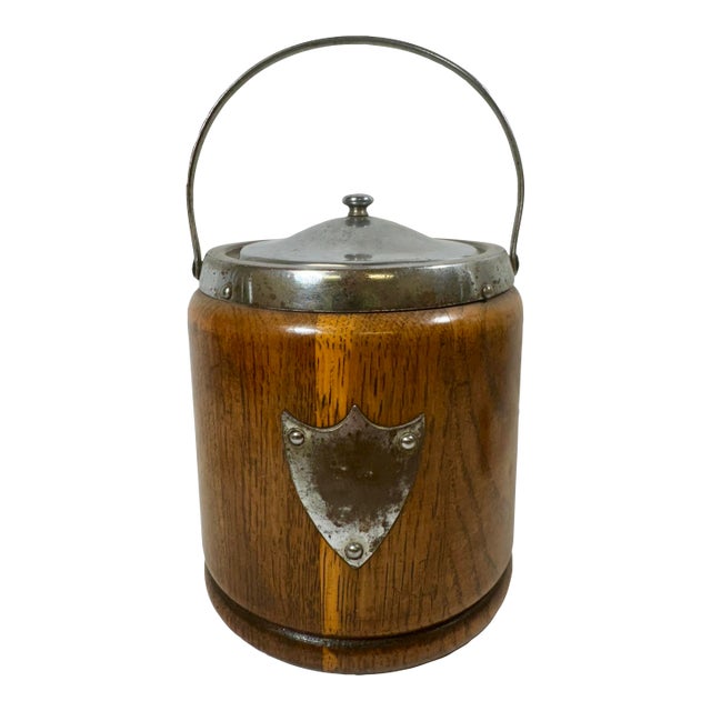 Vintage Ceramic Lined Oak Wood Biscuit Jar/Ice Bucket With Chrome Handle & Top From England- Circa 1920 For Sale