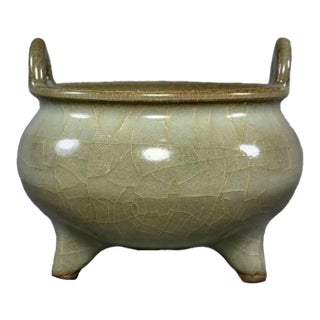 Chinese Celadon Tripod Vessel, Twin‑Handle Crackle‑Glaze Collectible Decorative Censer For Sale