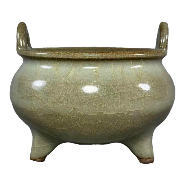Chinese Celadon Tripod Vessel, Twin‑Handle Crackle‑Glaze Collectible Decorative Censer For Sale