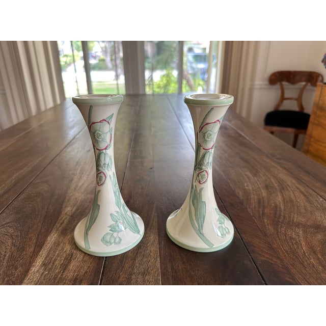 Art Nouveau Pair of Halcyon Days Candlesticks Green Hellebores Design From 1915 Mackintosh Drawing For Sale - Image 3 of 8