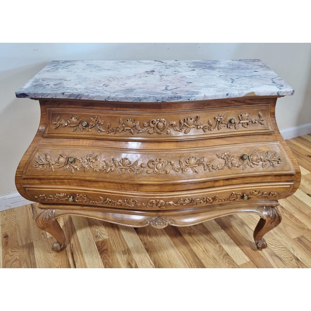 Brown Antique French Country Louis XV Style Carved & Marble Top Bombay Chest For Sale - Image 8 of 16