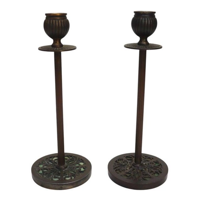 Pair Arts & Crafts Patinaed Bronze Candlesticks With Murano Glass Inserts C1920 For Sale - Image 6 of 7
