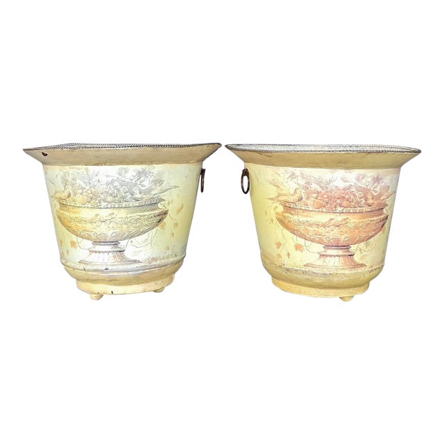 Vintage French Toile Metal Cache Pots - a Pair For Sale