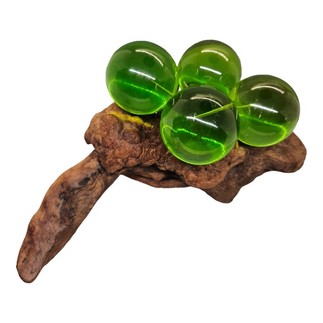 Vintage Large Acrylic Lucite Grapes Green Cluster on Driftwood For Sale