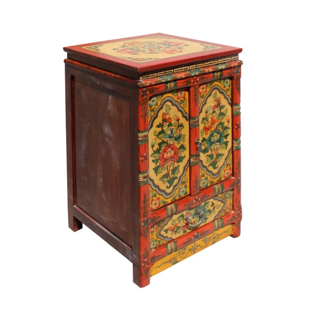 Orange Yellow Tibetan Floral End Table Nightstand Cabinet For Sale - Image 4 of 8