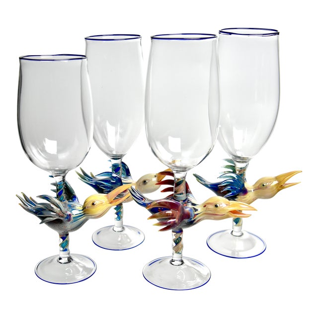 Set of 4 Art Glass Bird Goblets by Janis Miltenberger For Sale